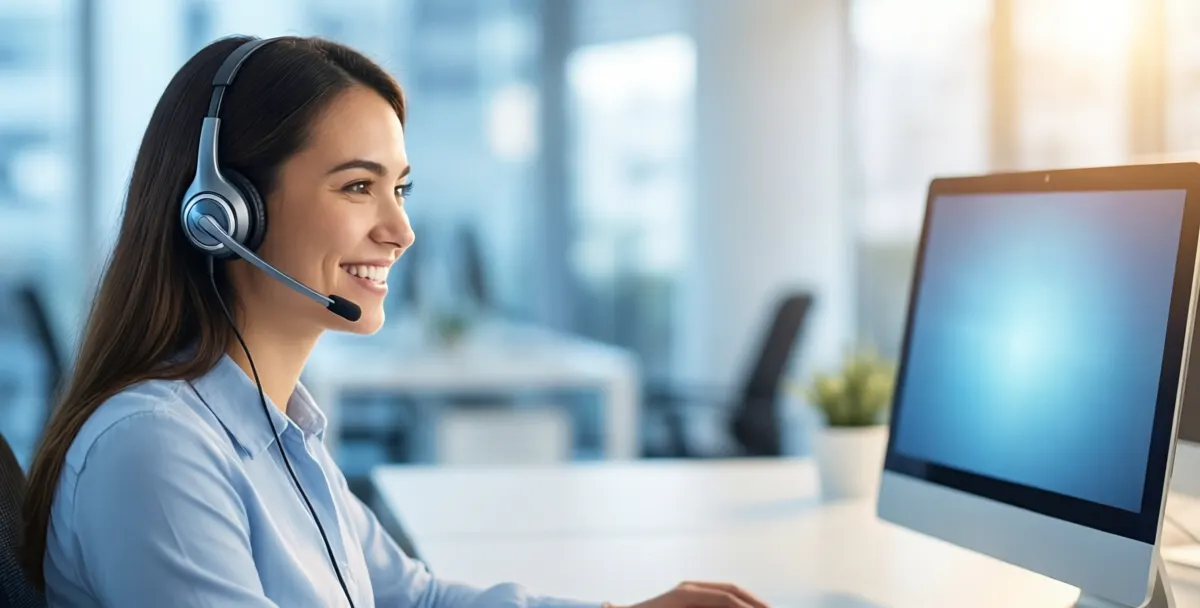 Receptionist wearing a headset, smiling while answering a customer call at her computer